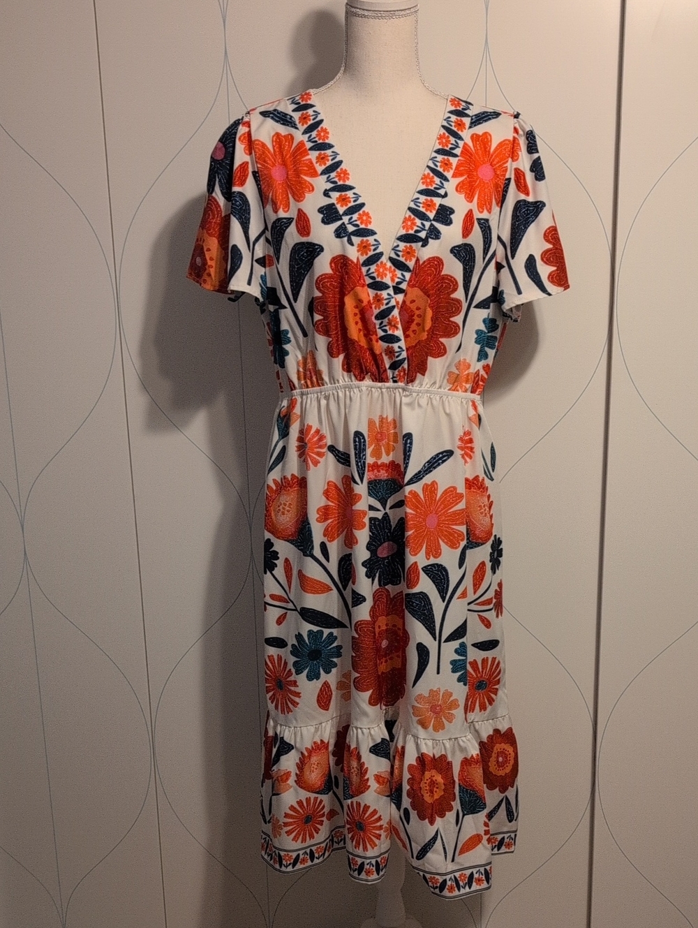 4/$20 White Floral Midi Dress with Orange and Teal Print